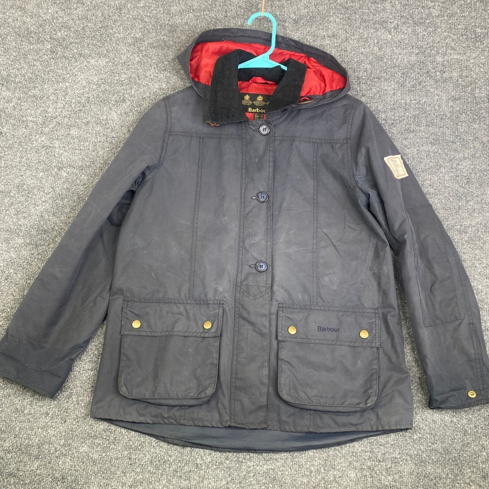 Barbour Shore Waxed Cotton Hooded Jacket Navy Blue Red Lining Womens 4 UK 8